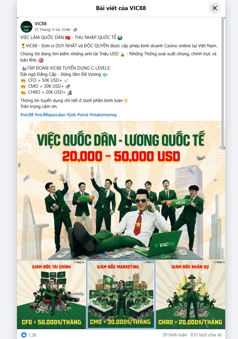 page VIC88 đăng tin tuyển dụng 12 tháng 11